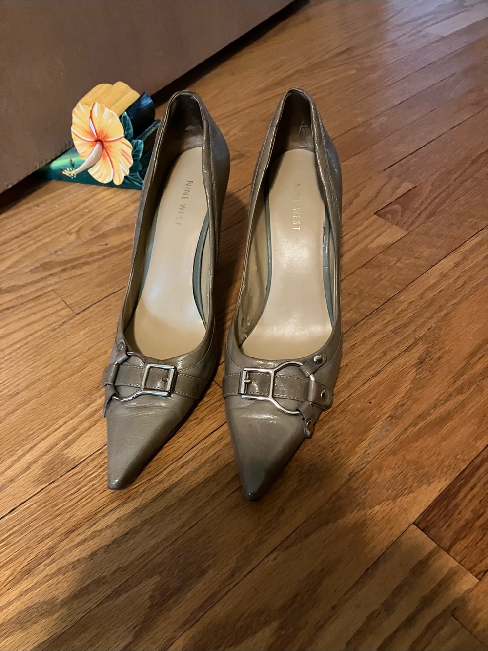 Nine West Gray Pointed-Toe Buckle Pumps